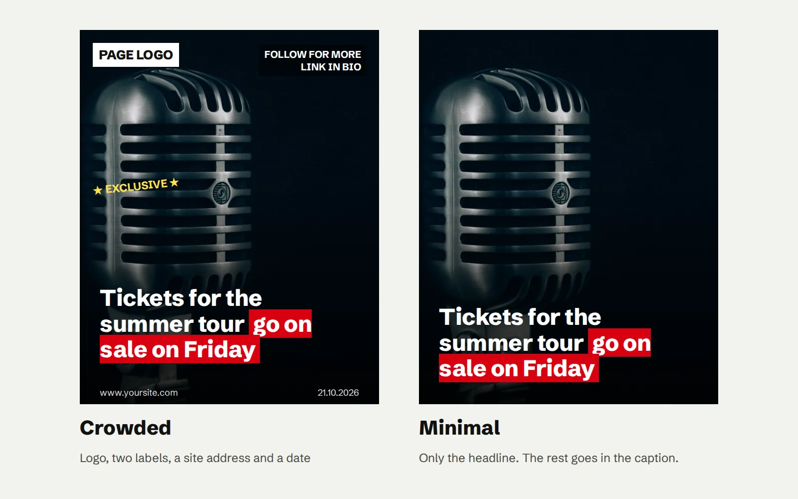 The same post twice. Left: a logo, two labels, a website address and a date around the headline. Right: only the headline.
