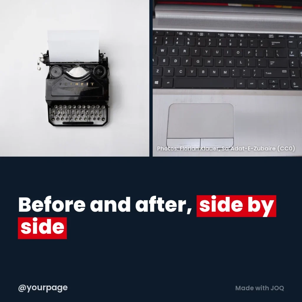 Example 1:1 post made with the Duo template, headline: Before and after, side by side