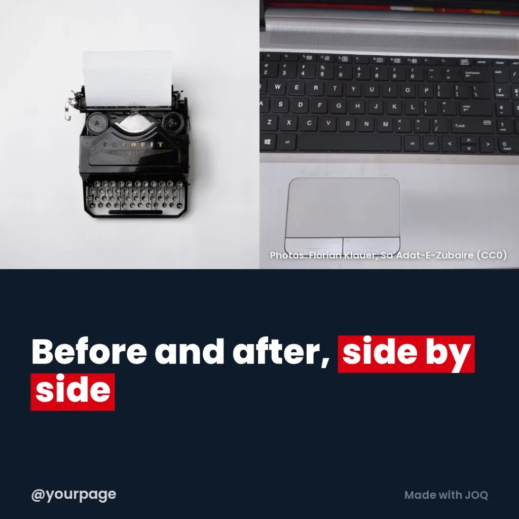 Example 1:1 post made with the Duo template, headline: Before and after, side by side