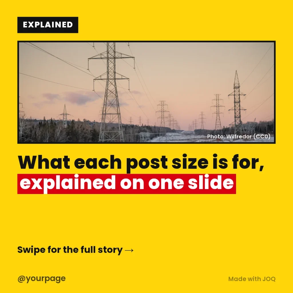 Example 1:1 post made with the Explainer template, headline: What each post size is for, explained on one slide