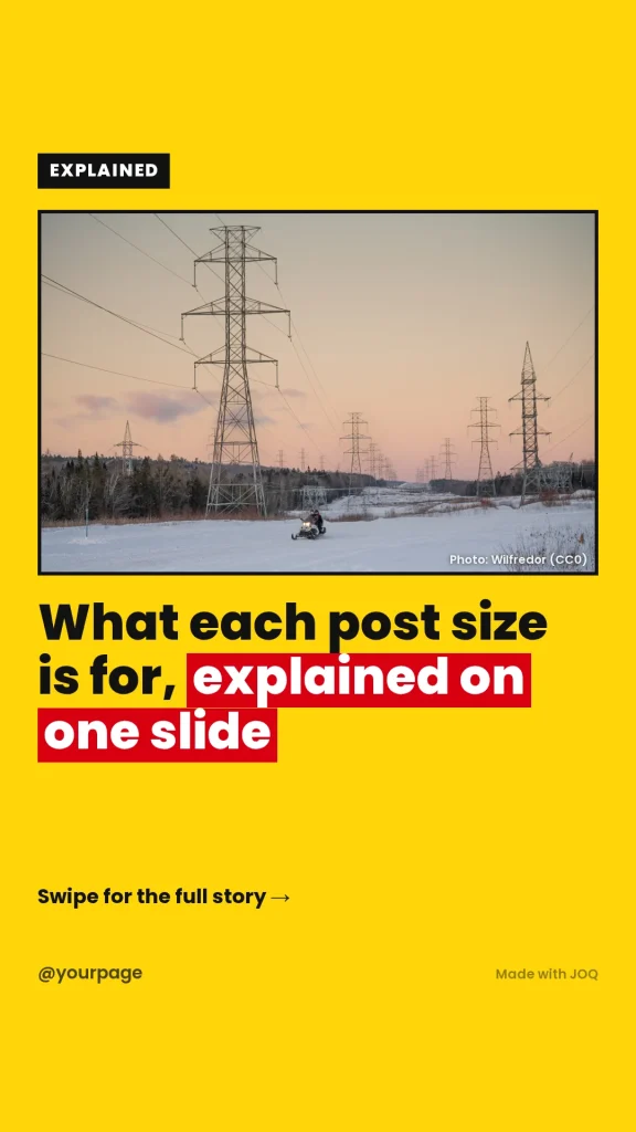 Example 9:16 post made with the Explainer template, headline: What each post size is for, explained on one slide