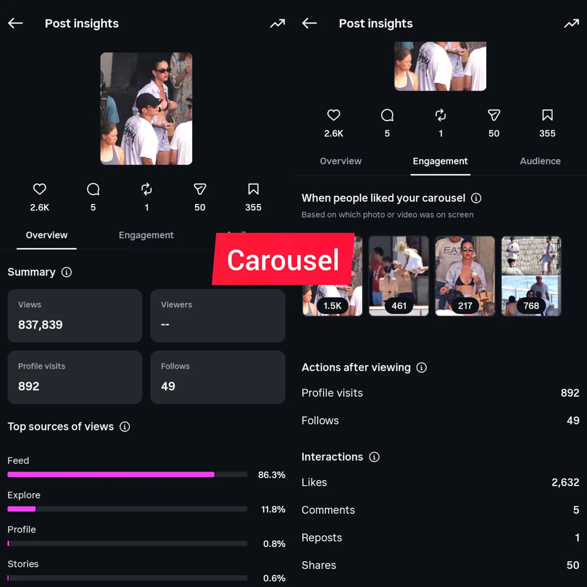 Carousel insights: 837,839 views, 892 profile visits, 49 follows, 2,632 likes, 50 shares, 355 saves.