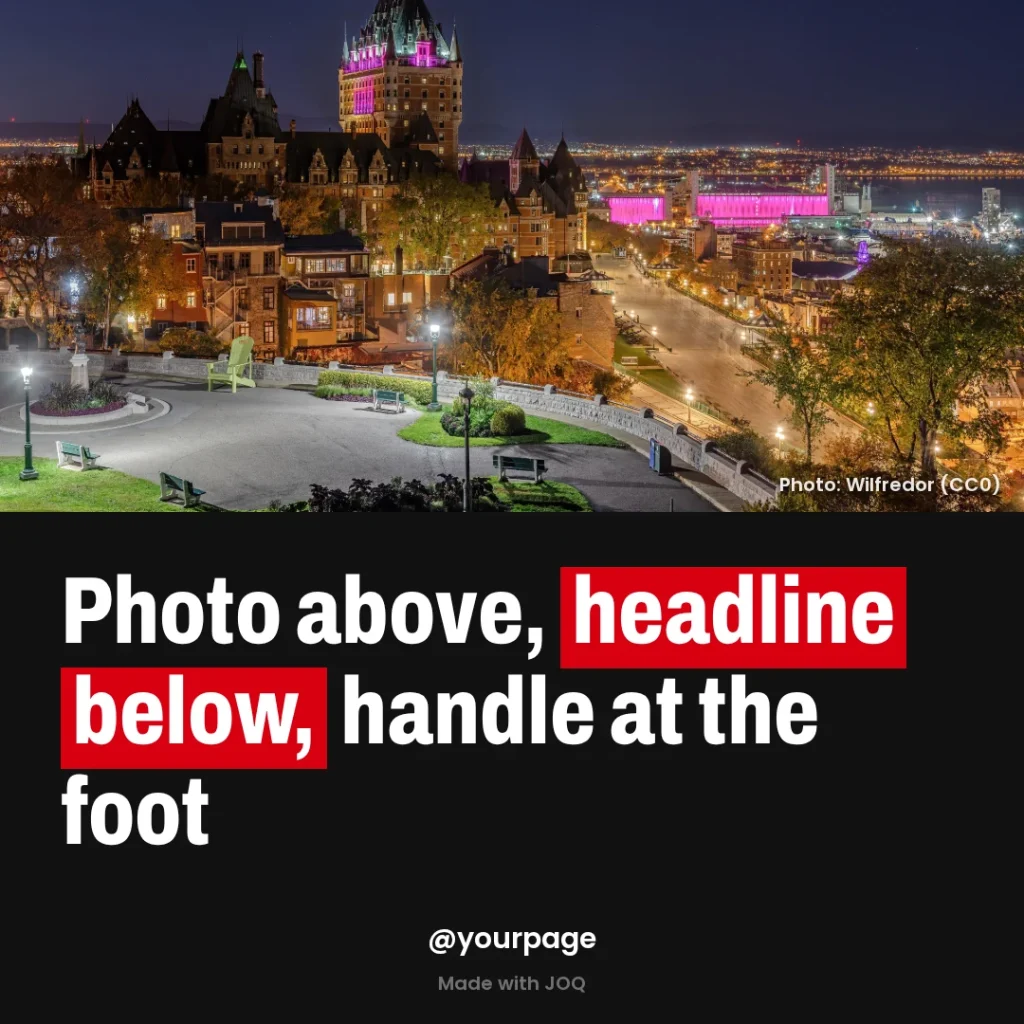 Example 1:1 post made with the Stack template, headline: Photo above, headline below, handle at the foot