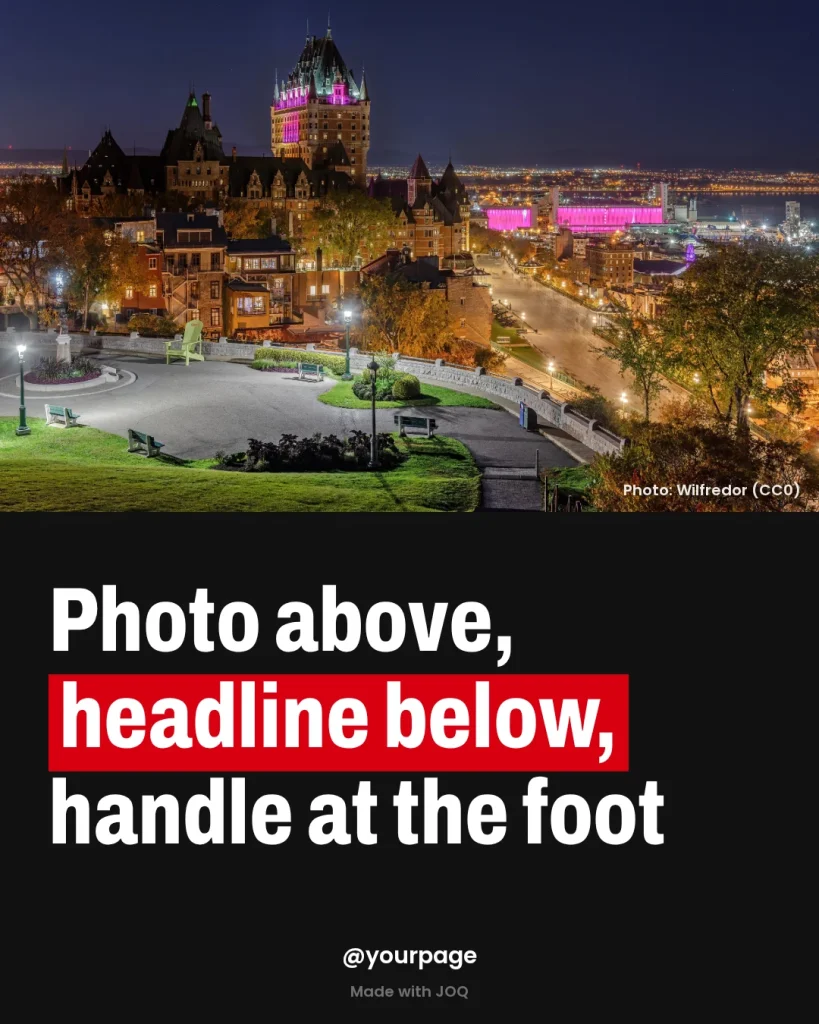 Example 4:5 post made with the Stack template, headline: Photo above, headline below, handle at the foot