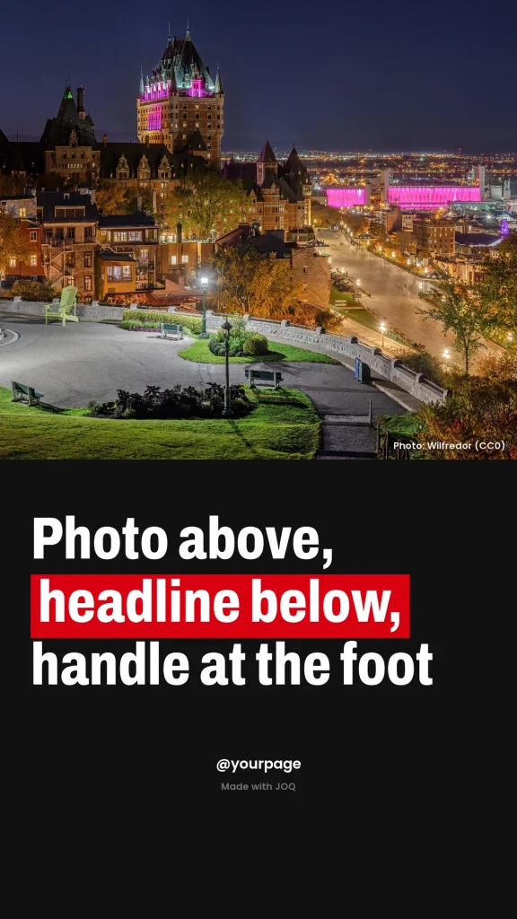 Example 9:16 post made with the Stack template, headline: Photo above, headline below, handle at the foot